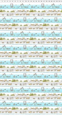 A Day in the Park Border Stripe dogs cotton quilt fabric Clothworks cream blue