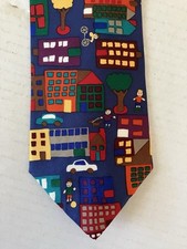 Save The Children Men's Necktie Tie Silk Satin My Town Buildings Made USA 57"