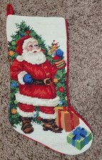 Vintage Needlepoint Christmas Stocking, Santa Claus w/ Presents, Red Velvet Back