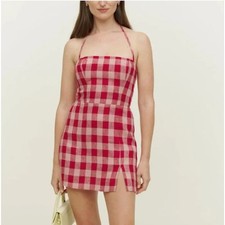 Reformation Linda Linen Halter Mini Dress 6 Red Gingham Check Picnic Summer