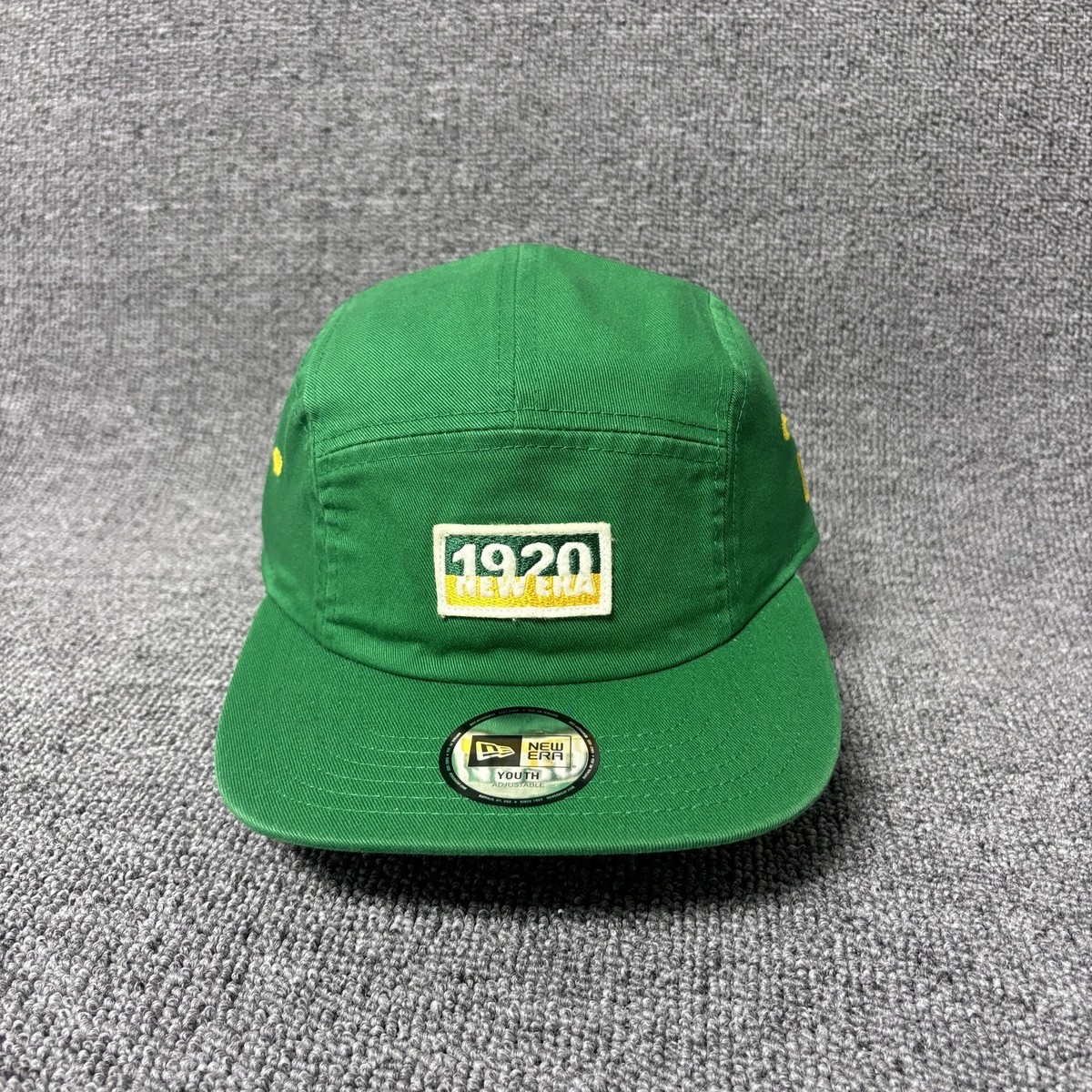 New Era Youth 1920 Patch Camper Hat Green 5-Panel Flat Brim Strapback Cap