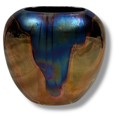 Nielsen s 24K Gold Overlay Iridescent Vase 6.5'' Oil Slick Multicolor Drip Glaze
