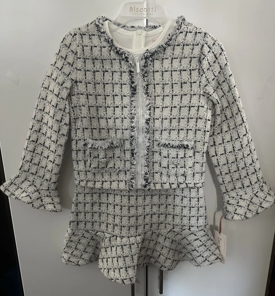 NUEVO CON ETIQUETAS Niñas Biscotti Collezioni Talla 12 Negro Blanco Tweed Vestido Blazer Abrigo Concurso Foto 2 de 4