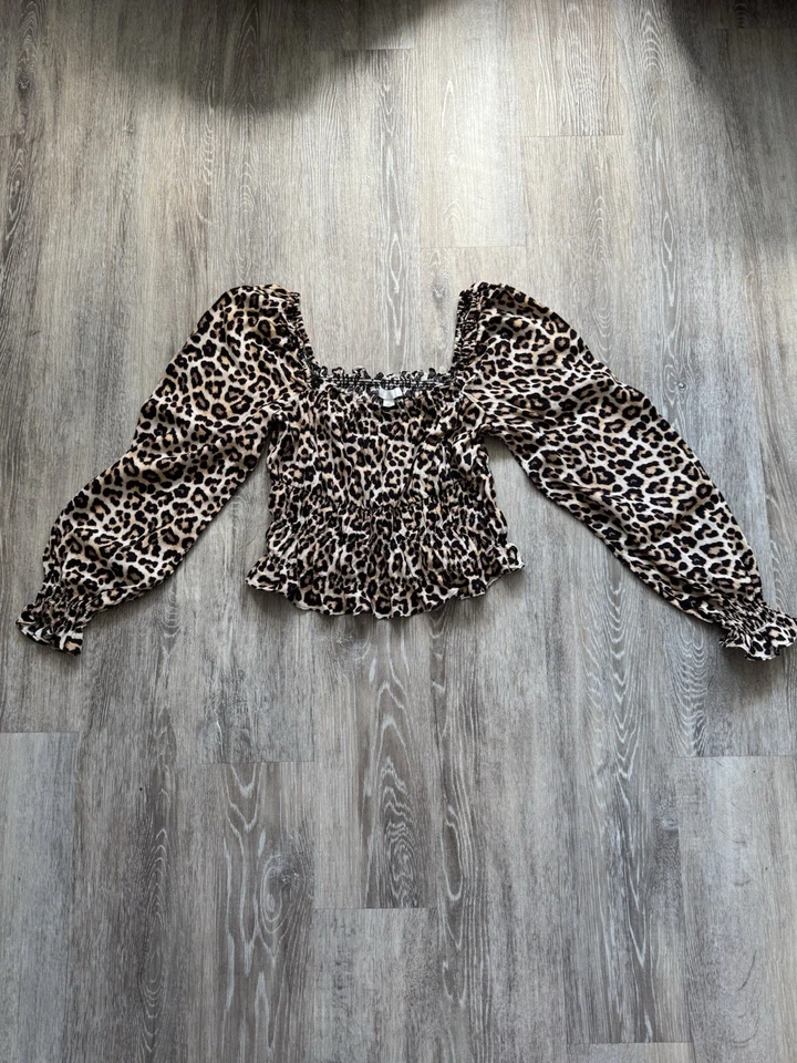 H&M Divided Leopard Print Off The Shoulder Frill Trim Blouse Top Uk Medium - Image 3 of 4
