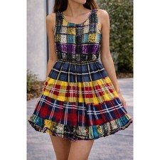 Sacred Threads Plaid Patchwork Smocked Tiered Mini Dress Multi Color S/M NWT