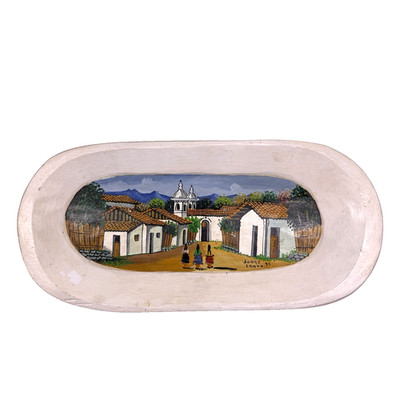 Hand Painted Wooden Bowl Jorge Lanza 1995 Honduran Folk Art Village Scene Rustic