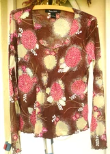 MADISON STUDIO L M RED FLORAL MESH AUTUMN FALL BROWN EMPIRE STRETCH BLOUSE LINED
