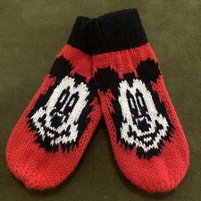 1 Pair Vintage Disney Children  s Mittens- Mickey Mouse Red/Black Knitted