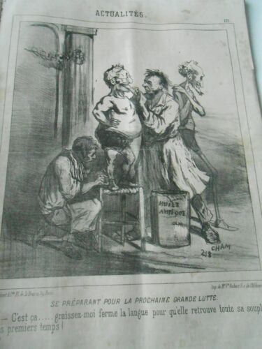 Caricature 1851  Préparation grande lutte graissez moi ferme la langue souplesse - Afbeelding 1 van 1