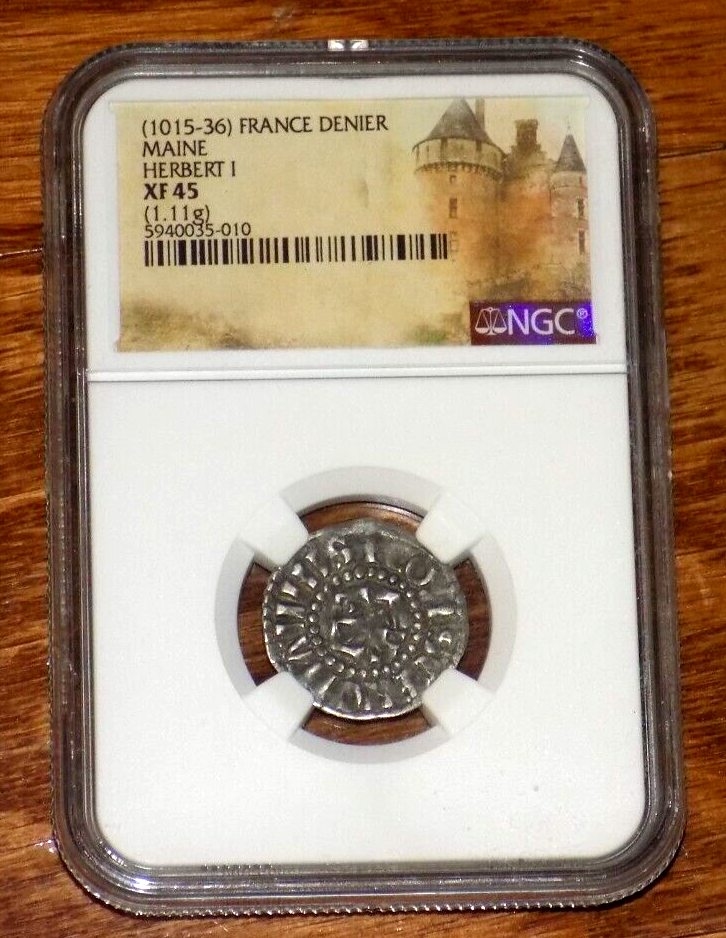 1015-1036) France Maine Silver Denier Herbert I 1.11g NGC XF 45