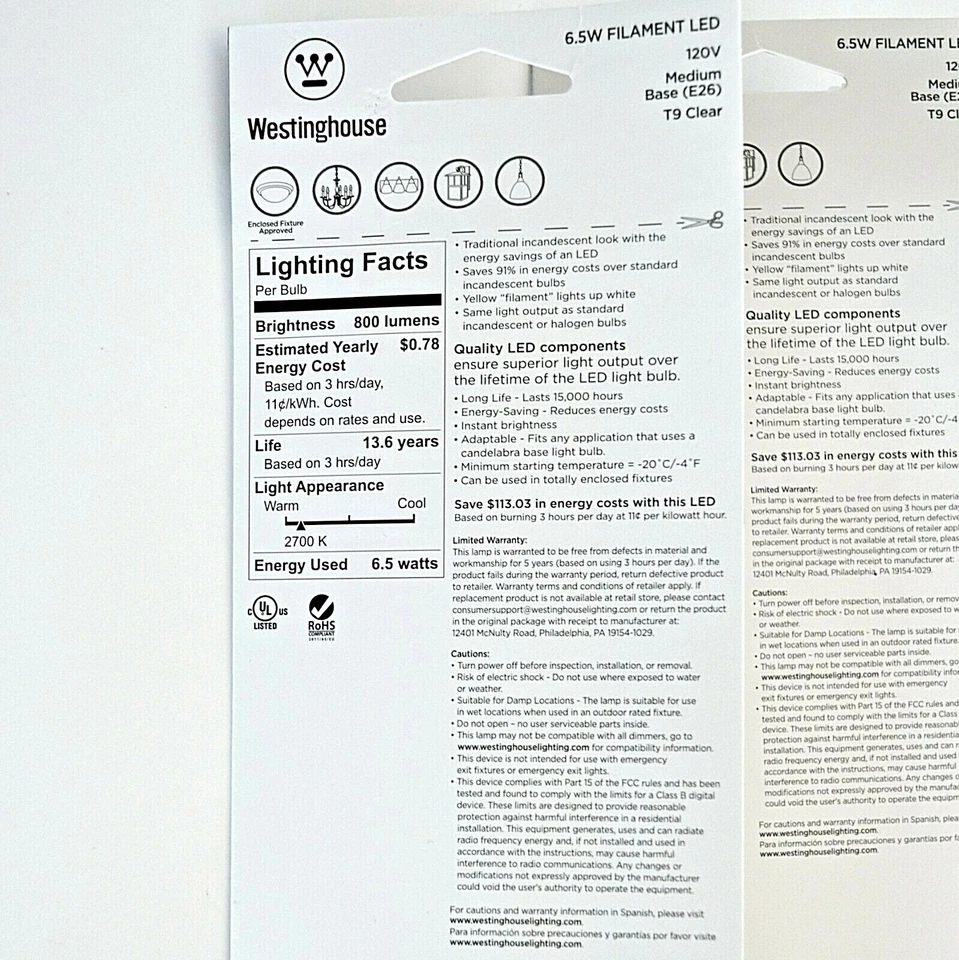 Westinghouse Lighting 0518800 75W T9 Dimmable Clear Filament LED Bulbs, Set of 2 - Image 3 of 3