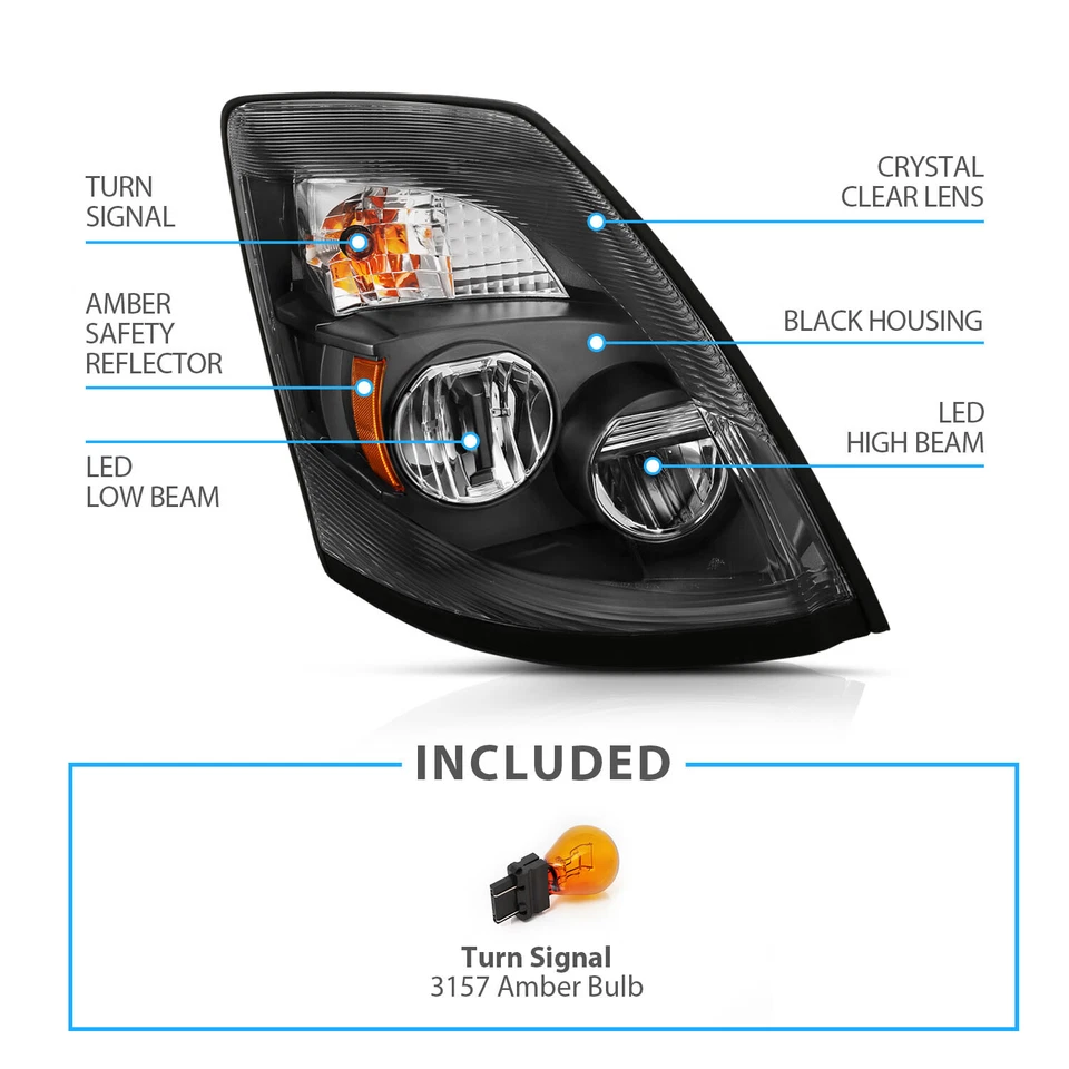 2004-18 Replacement Black LED Headlight Right Passenger Side for Volvo VNL, VNX Foto 3 de 4