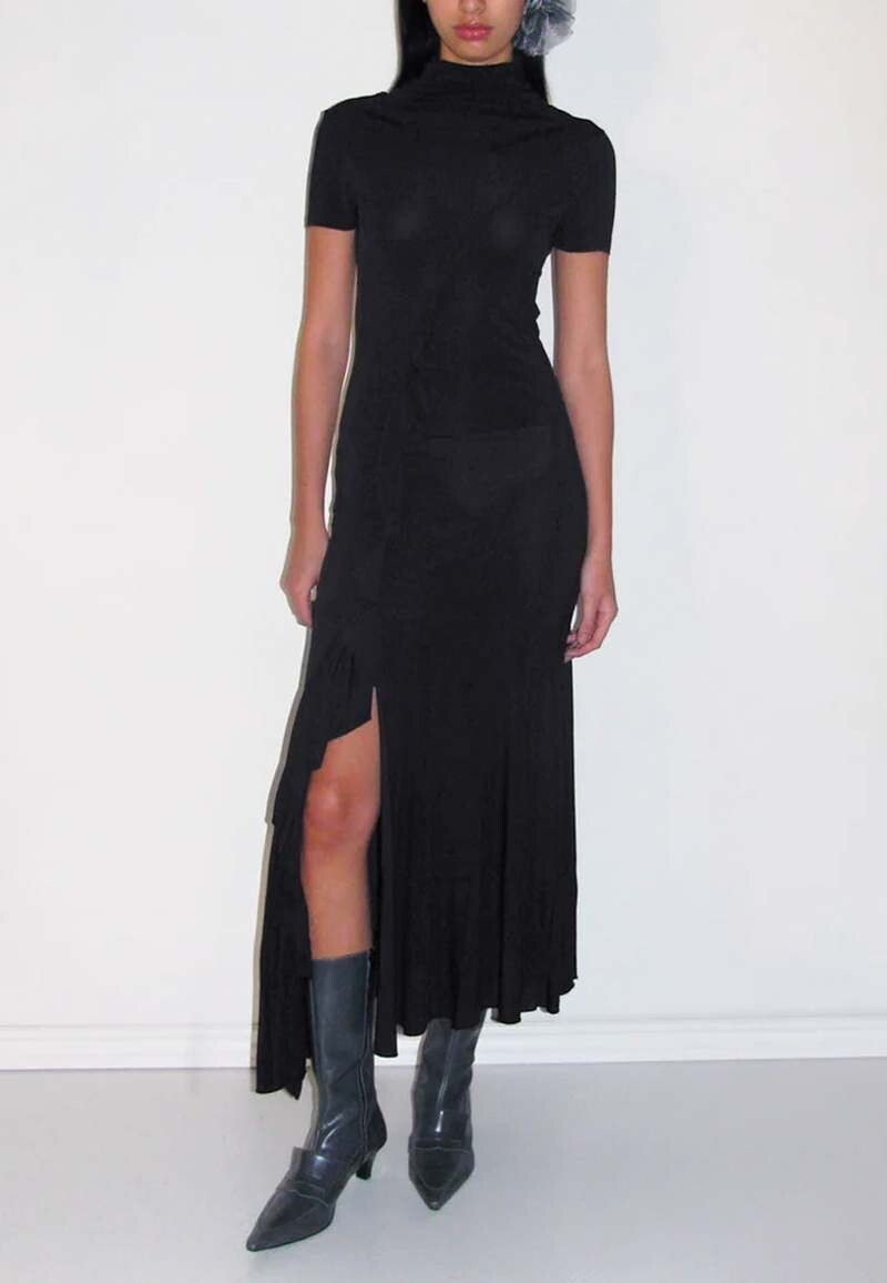 The Paloma Knit Long Dress ブラック PALOMA WOOL Black Wauto High Neck Asymmetric Ruffle Semi Sheer