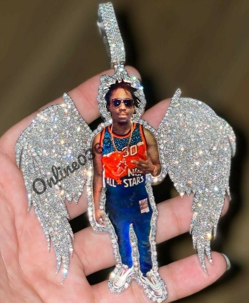 Simulated Diamond mens Custom Angel Wing Memory Photo Pendant Silver  Stud