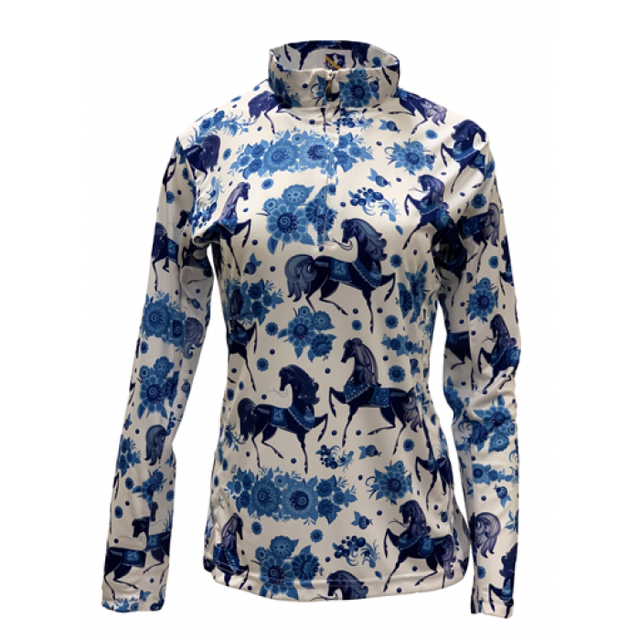 Equestrian Horse Show SHIRT LADIES Easy Care Blue Horse w/Flowers Sun