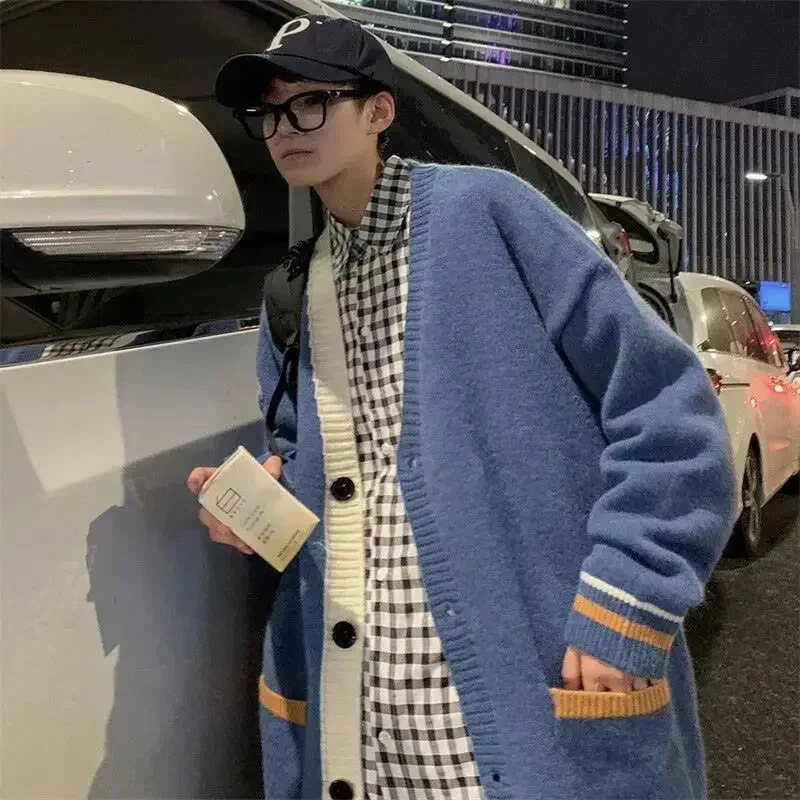 Suéteres de punto para hombre Chaqueta azul Hombre Ropa Cárdigan Cuello en V Abrigo Retazos Foto 3 de 4