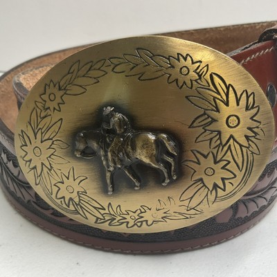 Gorgeous Vintage Brass Western Cowboy Horse Oval Belt Buckle 1983 Cowboy on Horseback Solid Brass Vintage Belt Buckle by  main image 3