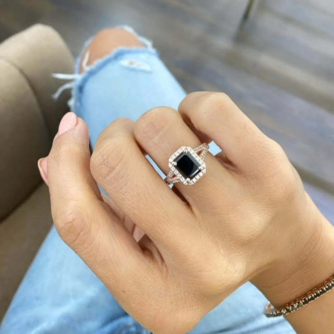2.0Ct Emerald Cut Natural Black Diamond Ring 14KT Yellow Gold Engagement Ring
