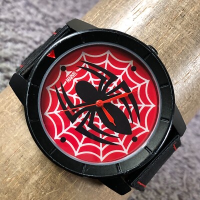 Marvel Men Spiderman Symbol Black Nylon Strap Quartz Analog 44mm Watch 7 3/4''