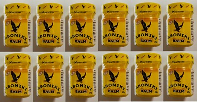 12 x Aboniki Balsam lindert Schmerzen, Schmerzen, Rückenschmerzen, Verstauchungen & Luxationen Erkältung 25g.