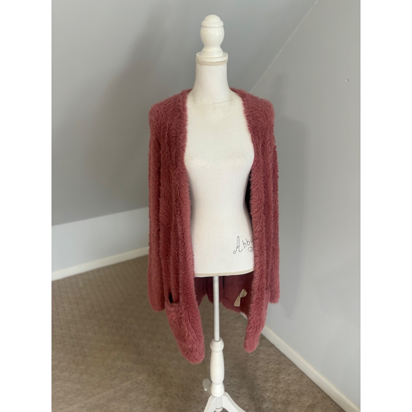 Free People Fuzzy Knit Cardigan Duster Open Front Sweater Coat Pink S