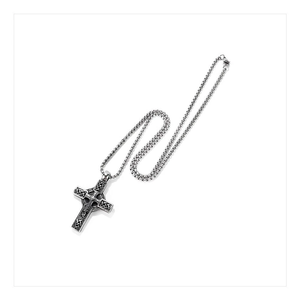 Mens Irish Celtic Trinity Knot Cross Pendant Necklace Stainless Steel Set - Image 3 of 4