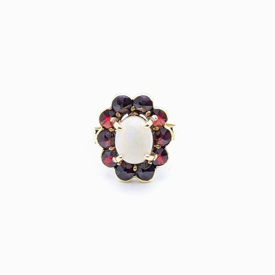 Art Deco 14k Opal & Bohemian Garnet Ring Rose Cut… - image 1
