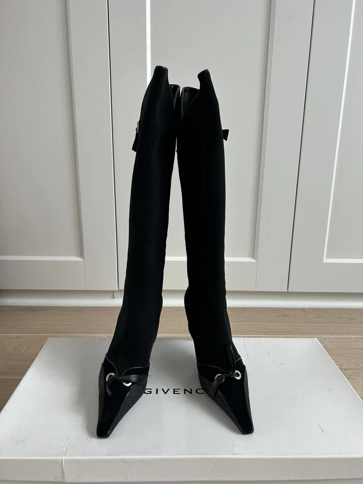 Givenchy High Hill  Black  Boots Suede Stingray Bows Details Zipper Up Women 37 - Image 2 of 4