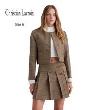 Size 6 Christian Lacroix Brown Plaid Crop Jacket & Pleated Mini Skirt Set