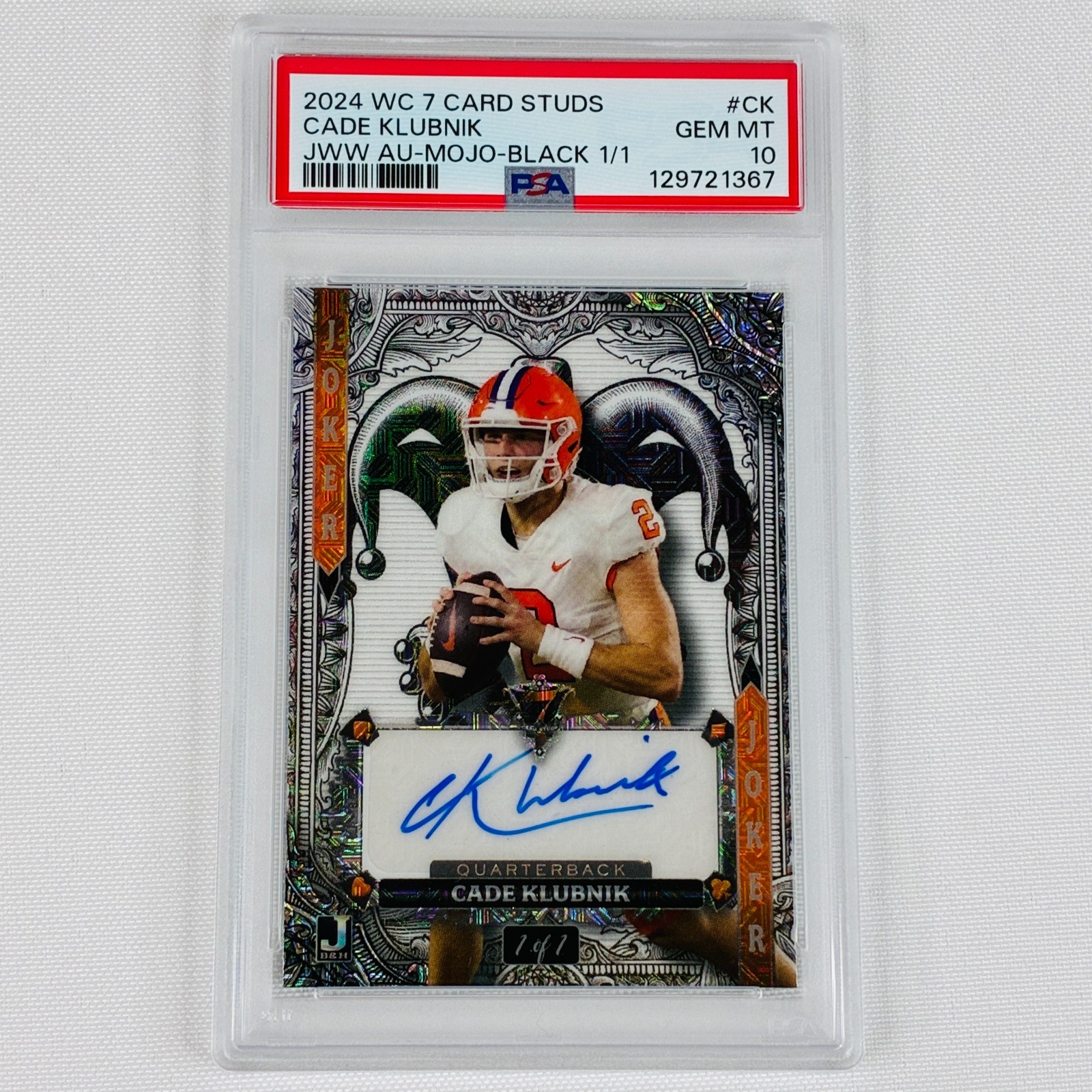 2024 Wild Card 7 Card Studs Cade Klubnik Auto Joker White Mojo Black 1/1 PSA 10 view 1