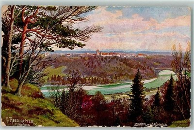 39128128 - 8022 Gruenwald Isar Bruecke sign. R. Reschreiter Zurueck-Stempel
