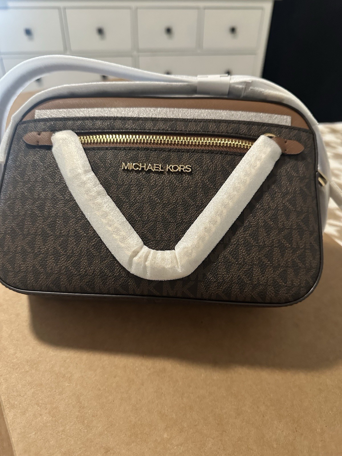 Michael Kors Brown Logo Crossbody Bag Gold Hardware Designer Style