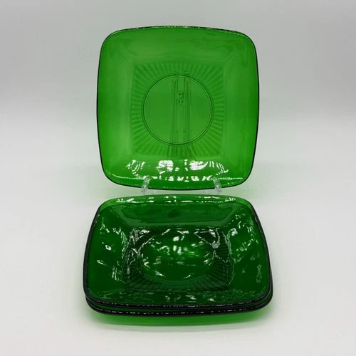 Anchor Hocking Forest Green Charm Square Bread Plates Set Of 3 Vintage 6.75"