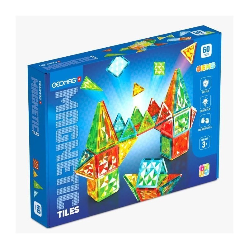 Geomag Tiles Gems 60 pièces : jeu de tuiles magnétiques cristal dès 3 ans