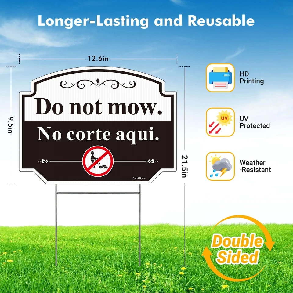 Do Not Mow Yard Sign with Stake, 2PC No Mowing Sign Bilingual, 12.6"x9.5" Cor... - Image 2 of 4