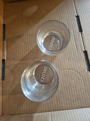 Set of 2 Chivas Regal Whiskey Glass Tumbler slanted etched logo base Clear Glass