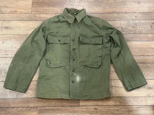 Vtg WW2 Harringbone Twill Military Jacket HBT Shirt Jacket Size 36R