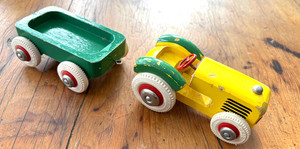 Vintage BRIO Wooden Yellow Tractor w/ Trailer Sweden