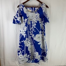 McInerny Shift Dress Women Medium Blue White Floral Cold Shoulder Hawaii Vintage