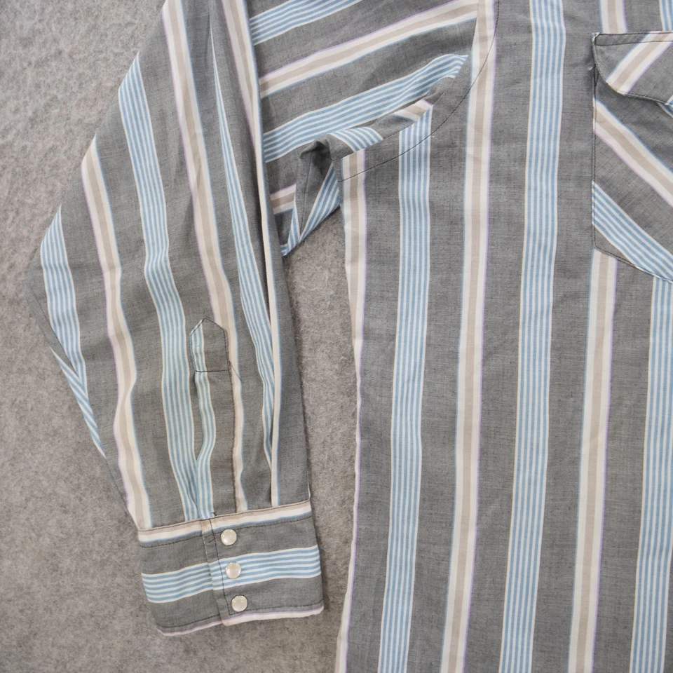 Wrangler Shirt Mens 18 Gray 36 Pearl Button Long Sleeve Plaid Western Striped - Image 4 of 4