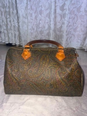 Vintage Paisley Weekender Travel Bag Brown Leather Trim Carry On Duffel