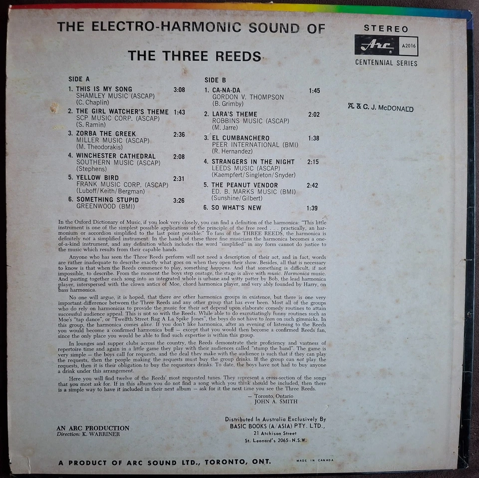 Three Reeds - The Electro Harmonic Song Canada / Aussie 12 Track 12" LP VG/EX - Image 2 of 2