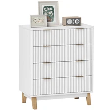 HOMCOM 4 Drawer Dresser for Bedroom, Fluted Chest of Drawers, White