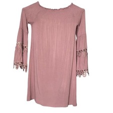Lapis Womens Off shoulder Dress Old Rose Color Size Med Midi Crocheted Sleeves
