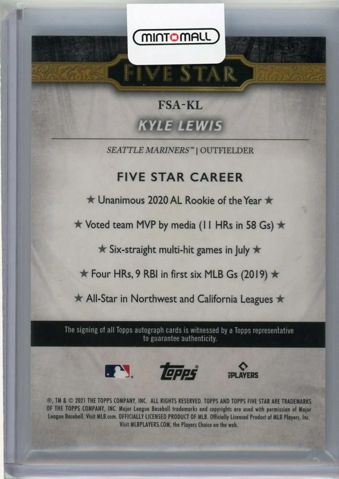 2021 Topps Five Star Seattle Mariners Kyle Lewis Base Autographs - Image 2 of 2