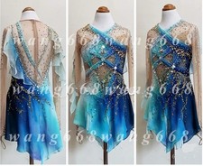 Figure Skating Elasticity Training Competition wear Crystal Long Sleeve blue