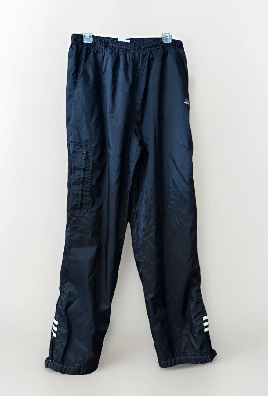 Vintage Y2K 90s Adidas Track Pants XL Black 3 Stripe Windbreaker Ankle Strap