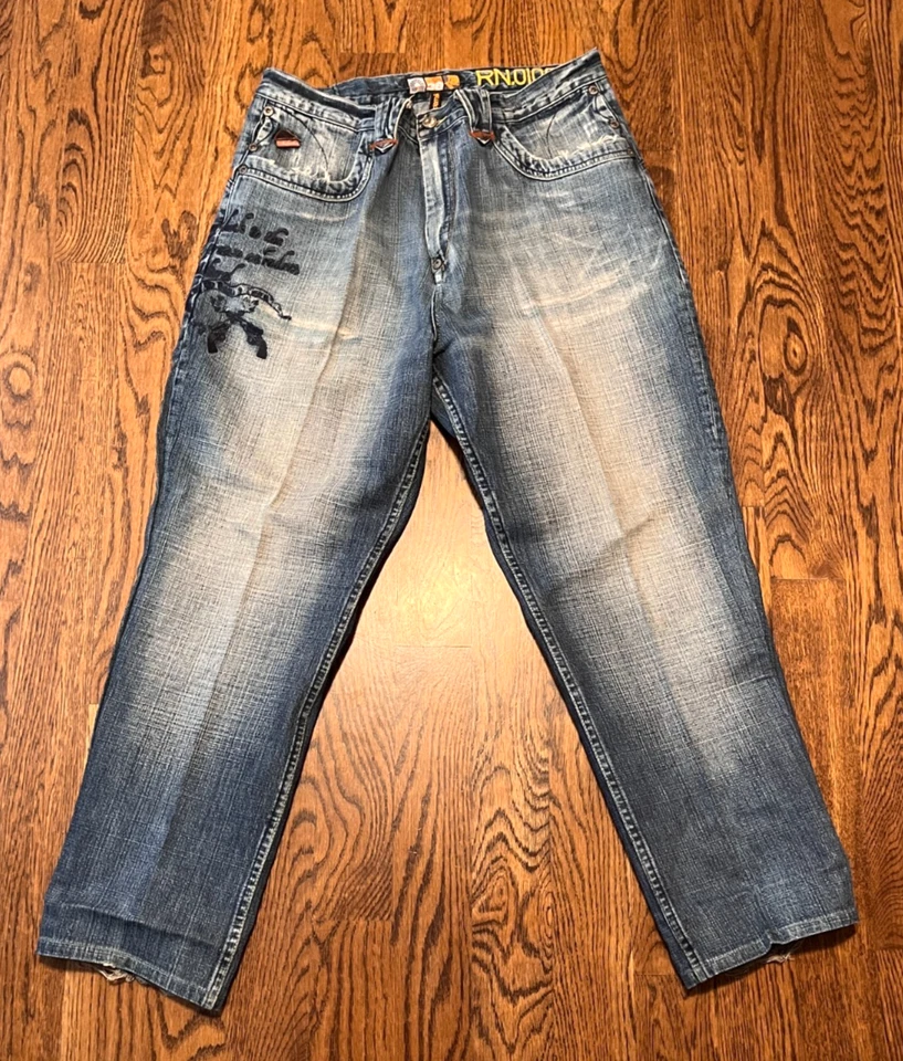 Akademiks Baggy Jeans Mens 36 x 29 Faded Wide Leg Denim Embroidered Y2K Skater - Image 2 of 4