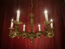 CHANDELIER ANTIQUE VINTAGE BRASS DRAGON ARM CEILING 6 LAMP ART DECO Ø 27"
