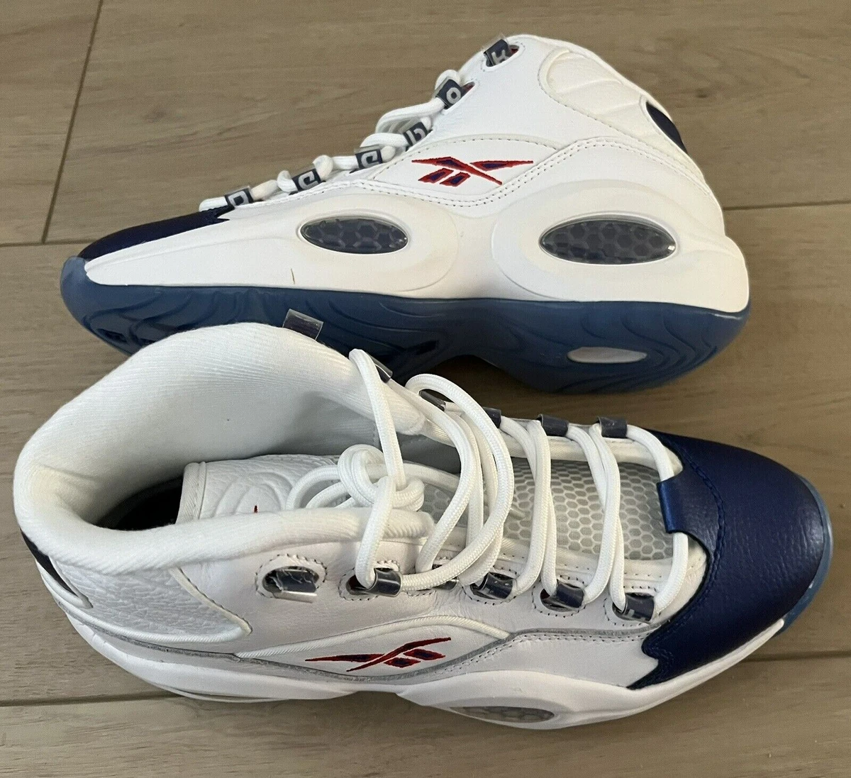 GX0227 Reebok Question Mid White Blue Allen Iverson Basketball Shoes Sz 7.5 & 8